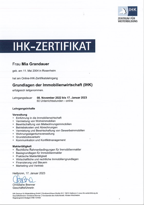 Zertifikat Immobilienwirtschaft Grandauer