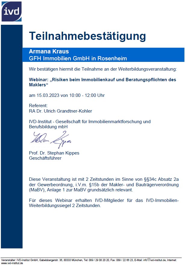 Zertifikat Beratungspflichten Kraus
