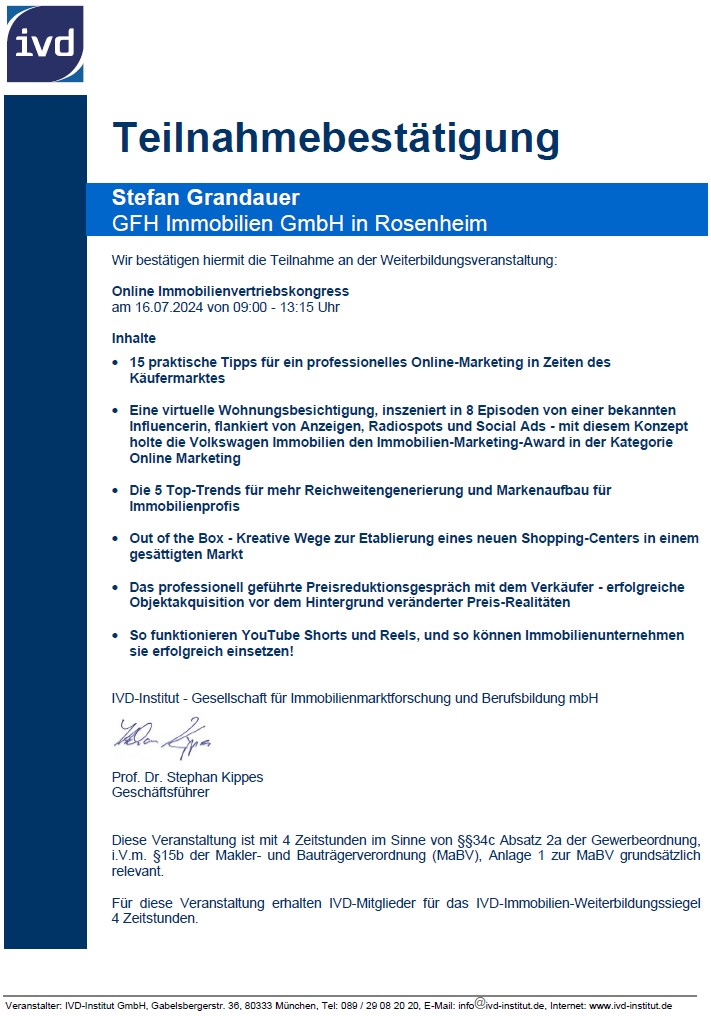 Zertifikat Online-Immobilienvertriebskongress S. Grandauer          