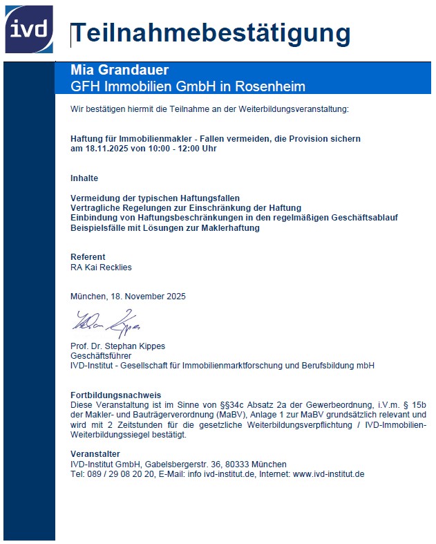 Zertifikat Haftung Immobilienmakler 