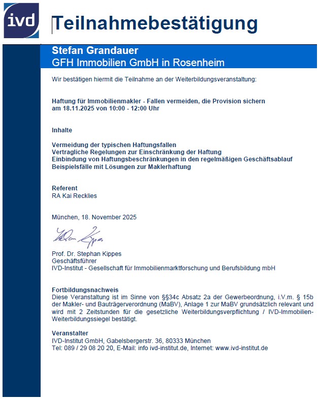 Zertifikat Haftung Immobilienmakler 