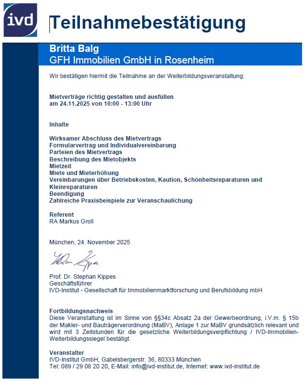 Zertifikat  Mietvertrage 