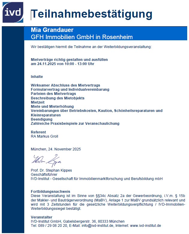 Zertifikat  Mietvertrage 